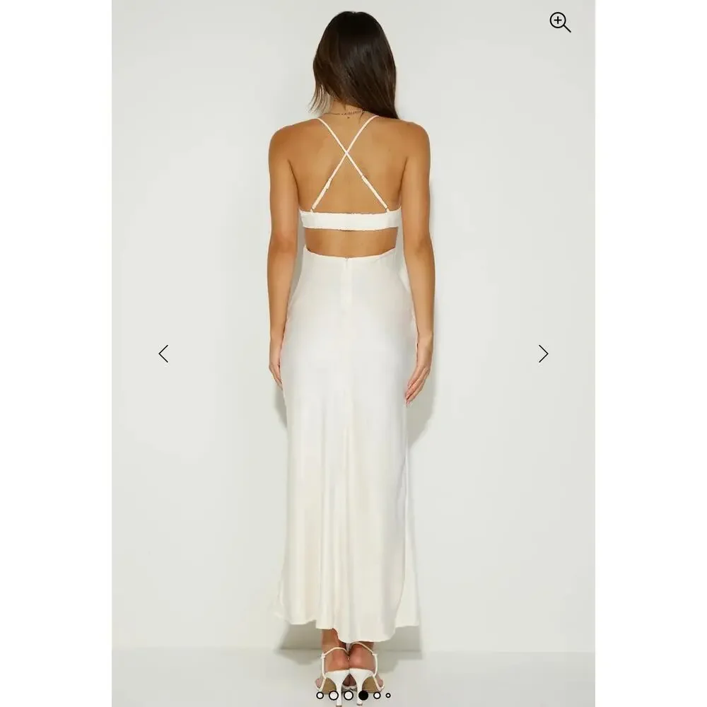 Hello Molly Champagne Satin Maxi Dress Magic In Her Vibe Open Back M Coquette - Picture 3 of 10